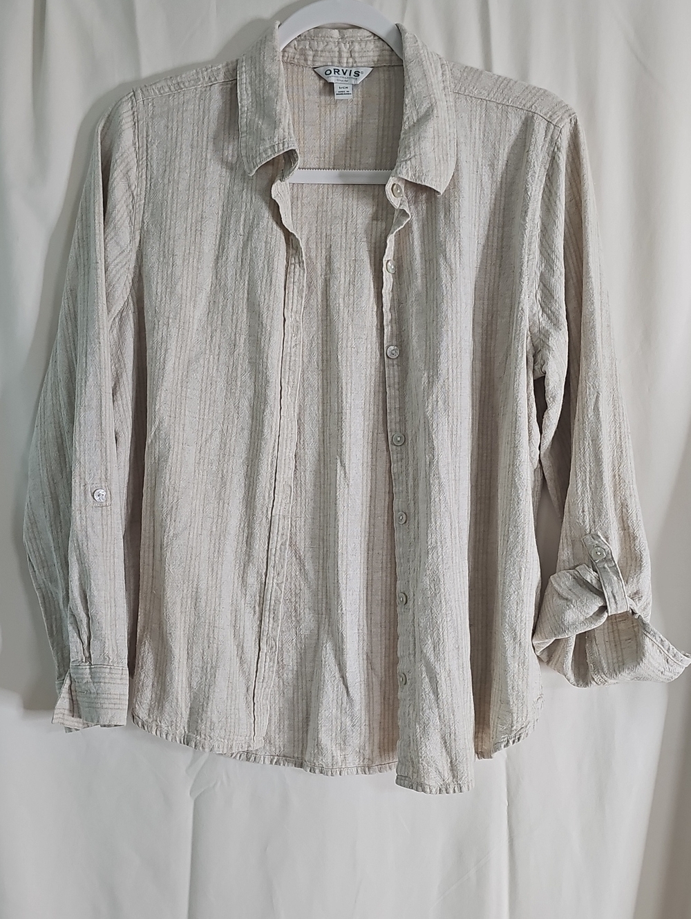 Orvis Women's Light Beige Striped Casual Button-Down Shirt